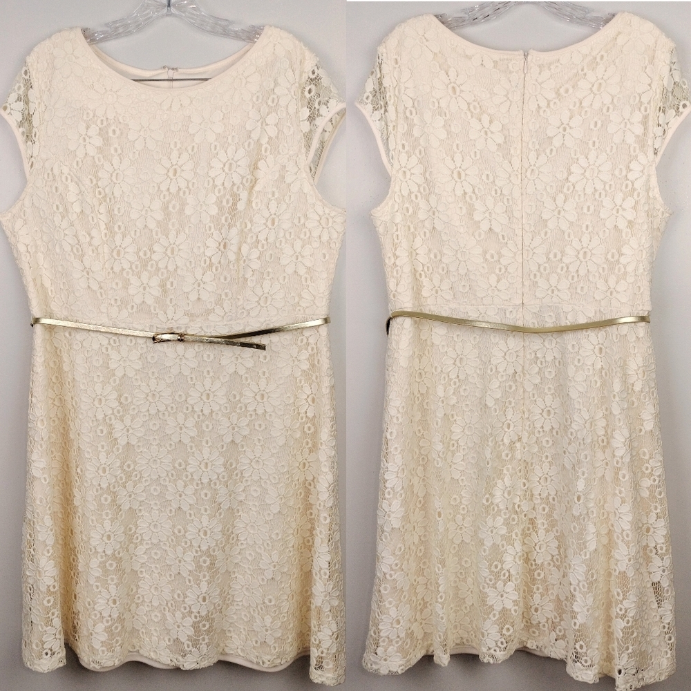 NWOT Cato Eyelet Lace Overlay Fit & Flare Cap Sleeve Dress in Cream Sz. 18